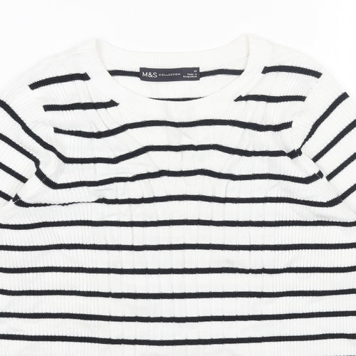 Marks and Spencer Womens White Scoop Neck Striped Cotton Pullover Jumper Size M - Ribbed