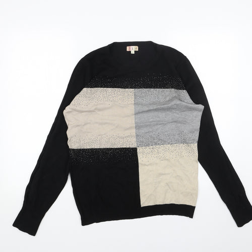 DIXIE Womens Black Scoop Neck Cotton Pullover Jumper Size L - Colourblock