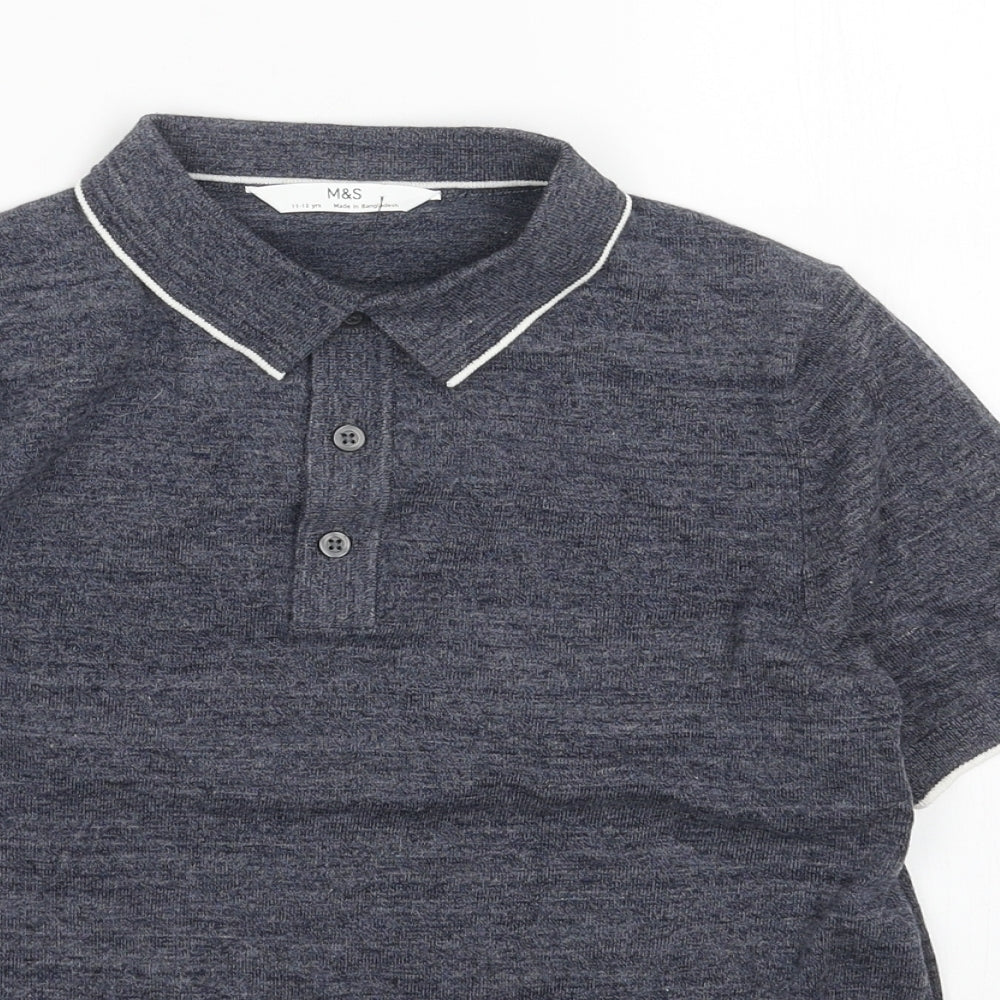 Marks and Spencer Boys Blue Cotton Basic Polo Size 11-12 Years Collared Button