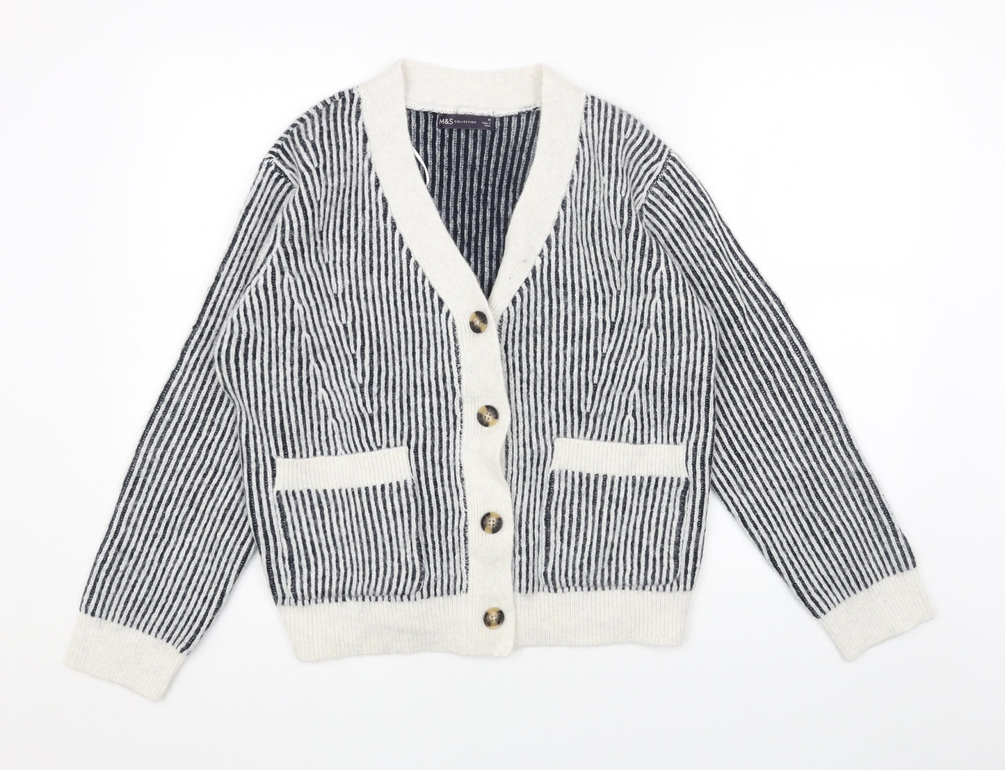 Marks and Spencer Womens Blue V-Neck Striped Acrylic Cardigan Jumper Size M