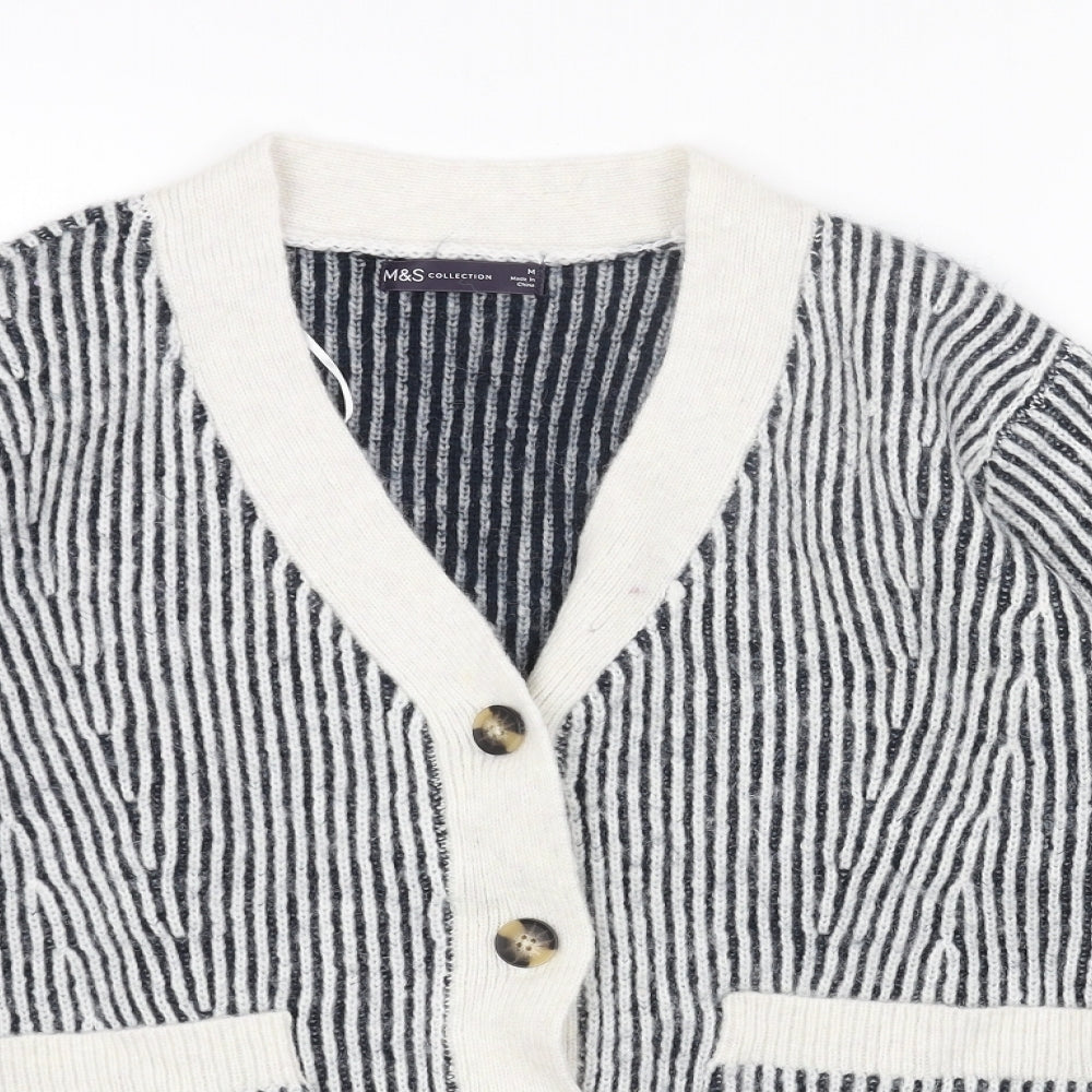 Marks and Spencer Womens Blue V-Neck Striped Acrylic Cardigan Jumper Size M