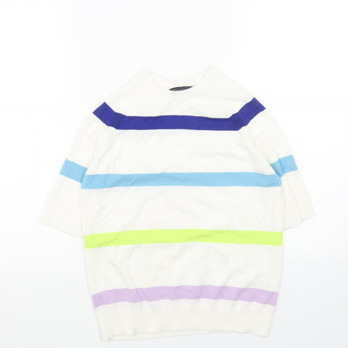 Marks and Spencer Womens White Round Neck Striped Cotton Pullover Jumper Size S