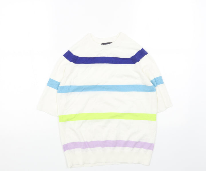 Marks and Spencer Womens White Round Neck Striped Cotton Pullover Jumper Size S