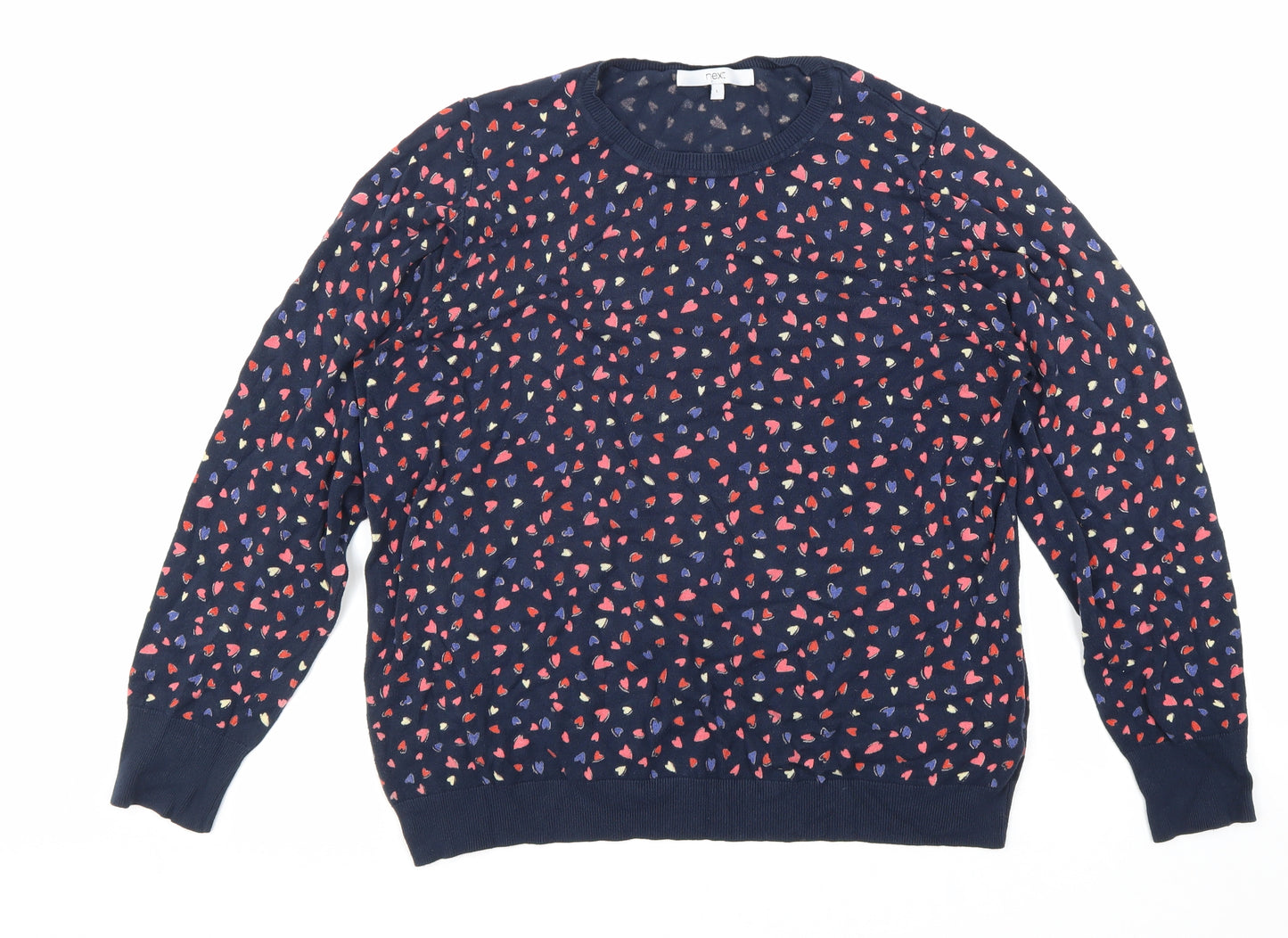 NEXT Womens Blue Scoop Neck Geometric Viscose Pullover Jumper Size L - Heart Print