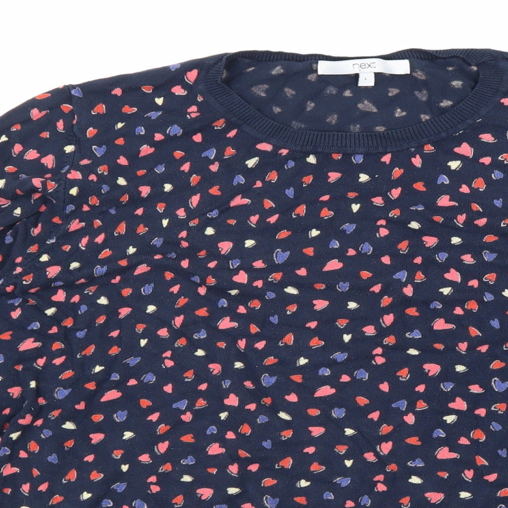 NEXT Womens Blue Scoop Neck Geometric Viscose Pullover Jumper Size L - Heart Print