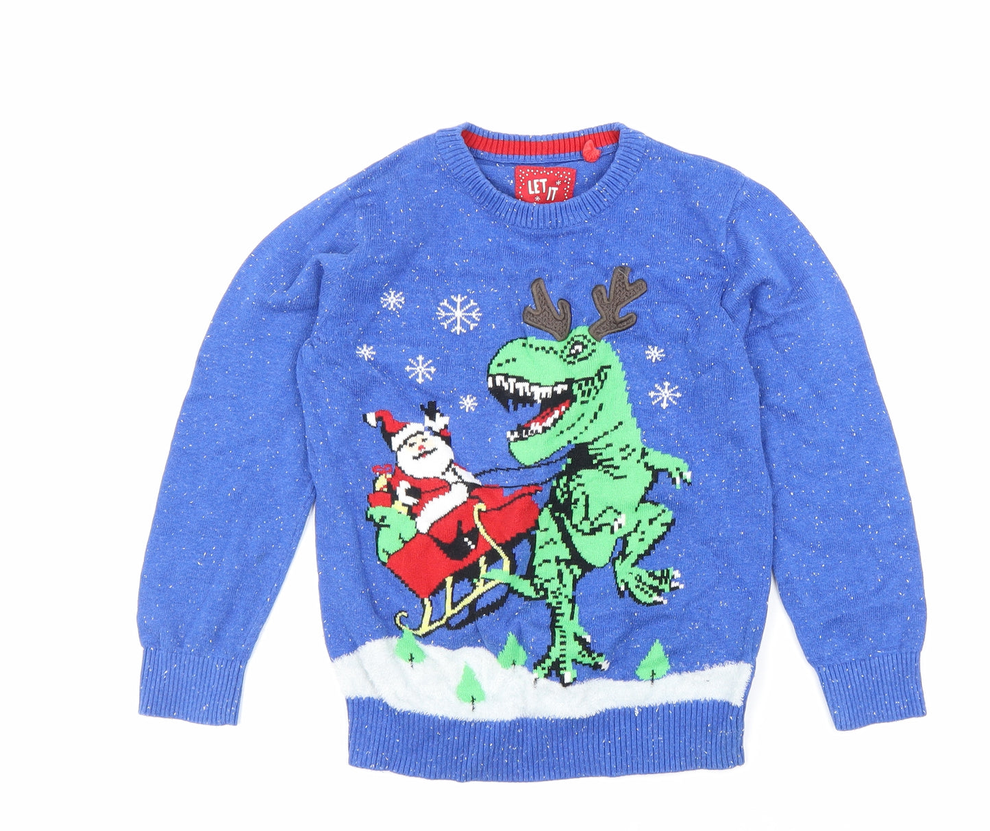 TU Boys Blue Round Neck Geometric Cotton Pullover Jumper Size 7 Years Pullover - Father Christmas Dinosaur