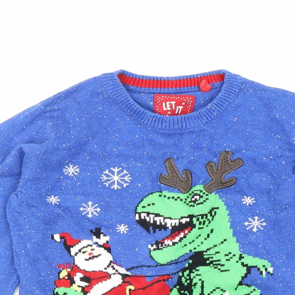 TU Boys Blue Round Neck Geometric Cotton Pullover Jumper Size 7 Years Pullover - Father Christmas Dinosaur
