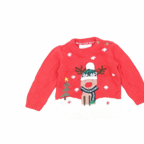 F&F Red Cotton Pullover Jumper Size 6-9 Months Button - Christmas