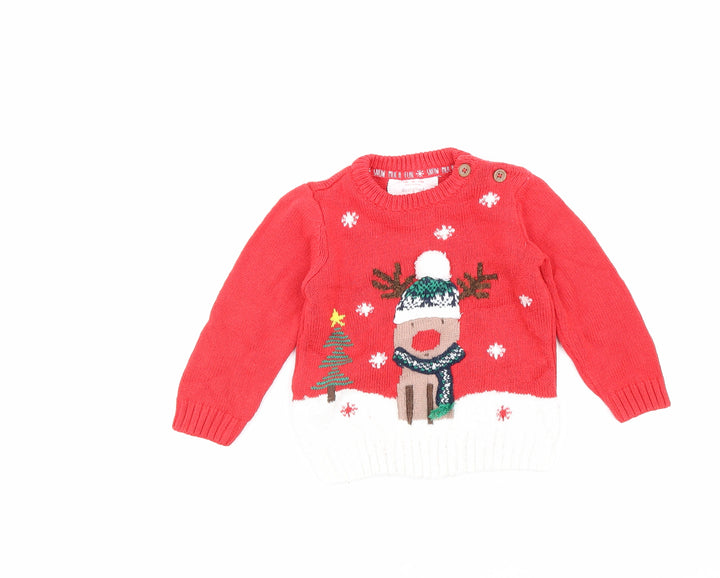 F&F Red Cotton Pullover Jumper Size 6-9 Months Button - Christmas