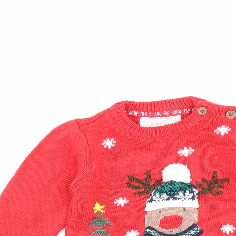 F&F Red Cotton Pullover Jumper Size 6-9 Months Button - Christmas