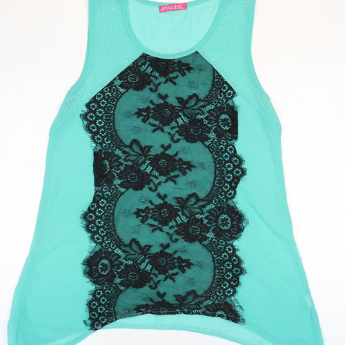 Preworn Womens Blue Floral Polyester Basic Blouse Size L Scoop Neck - Lace Detail, Size L/XL