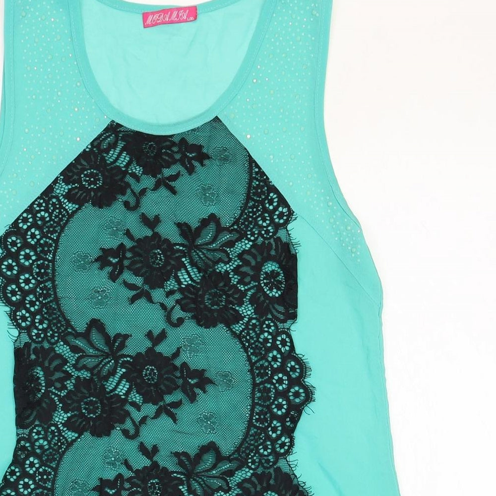 Preworn Womens Blue Floral Polyester Basic Blouse Size L Scoop Neck - Lace Detail, Size L/XL