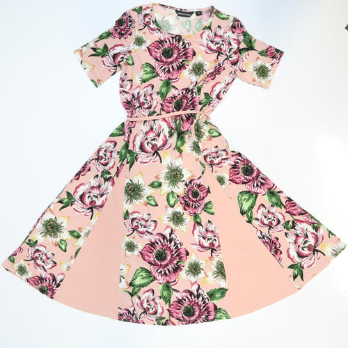 Nina Leonard Womens Pink Floral Polyester Fit & Flare Size XS Round Neck Tie