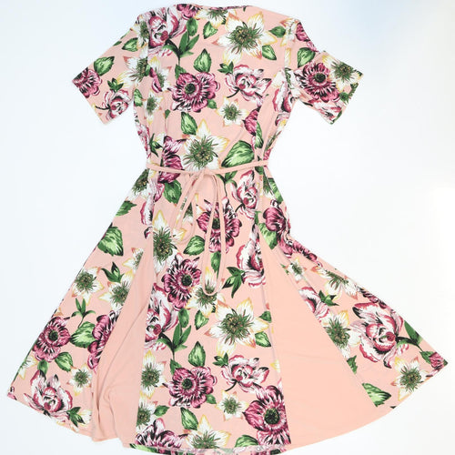 Nina Leonard Womens Pink Floral Polyester Fit & Flare Size XS Round Neck Tie