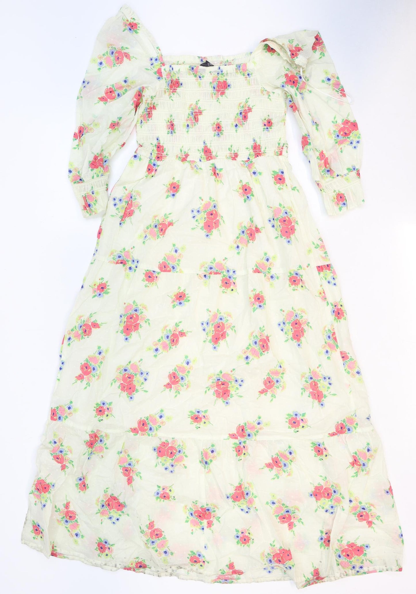 Marks and Spencer Womens White Geometric 100% Cotton Maxi Size 6 Square Neck Pullover