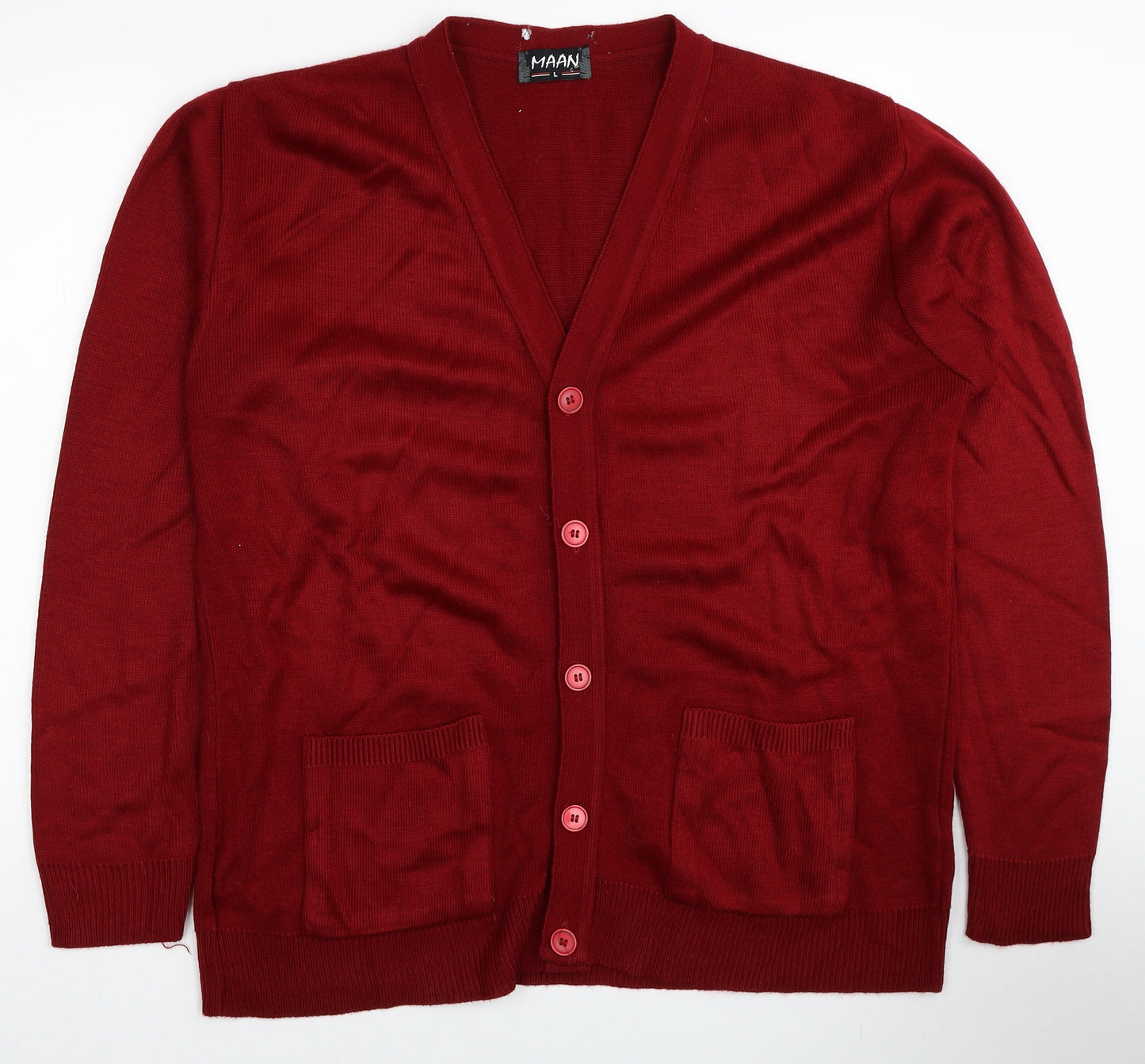 Maan Mens Red V-Neck Acrylic Cardigan Jumper Size L