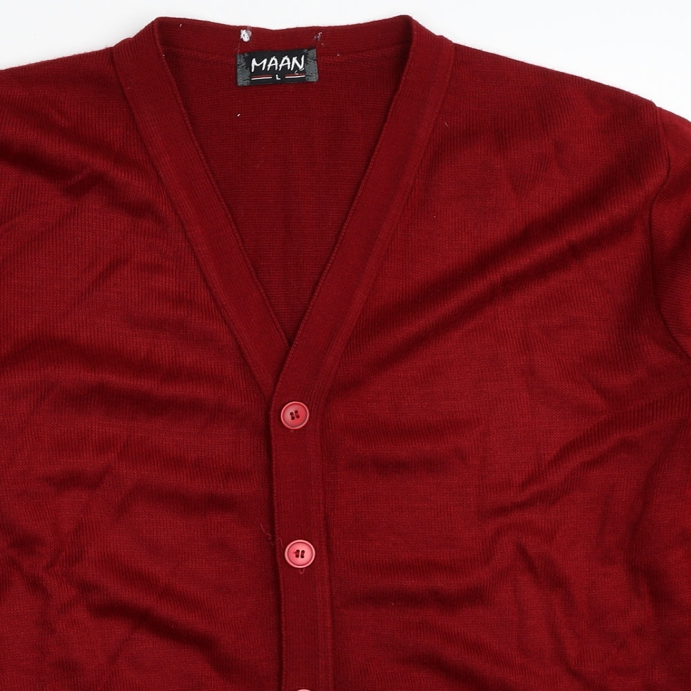 Maan Mens Red V-Neck Acrylic Cardigan Jumper Size L