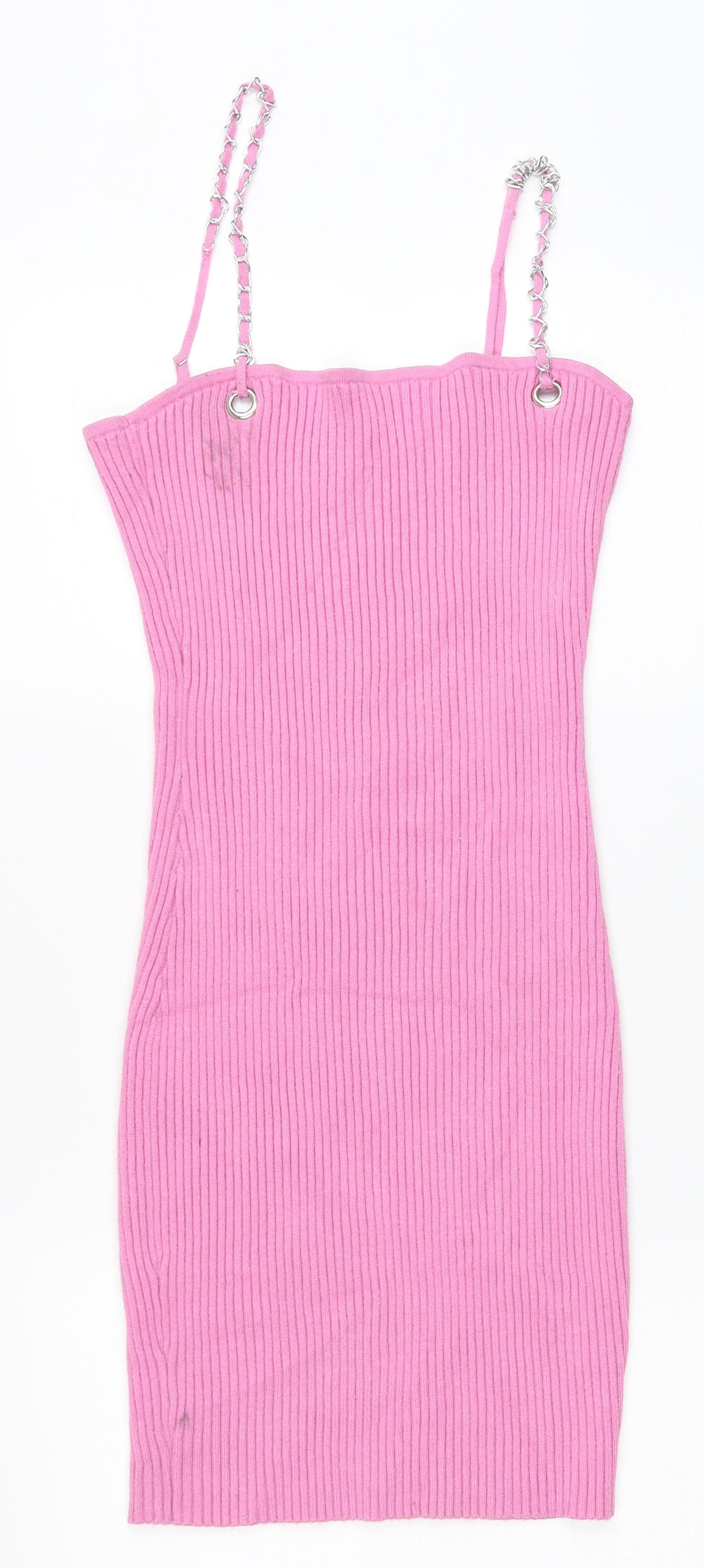 Preworn Womens Pink Viscose Bodycon Size L Square Neck Pullover - Chain Straps Ribbed