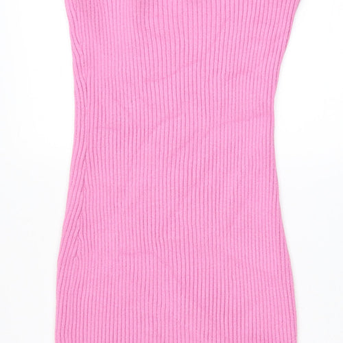 Preworn Womens Pink Viscose Bodycon Size L Square Neck Pullover - Chain Straps Ribbed
