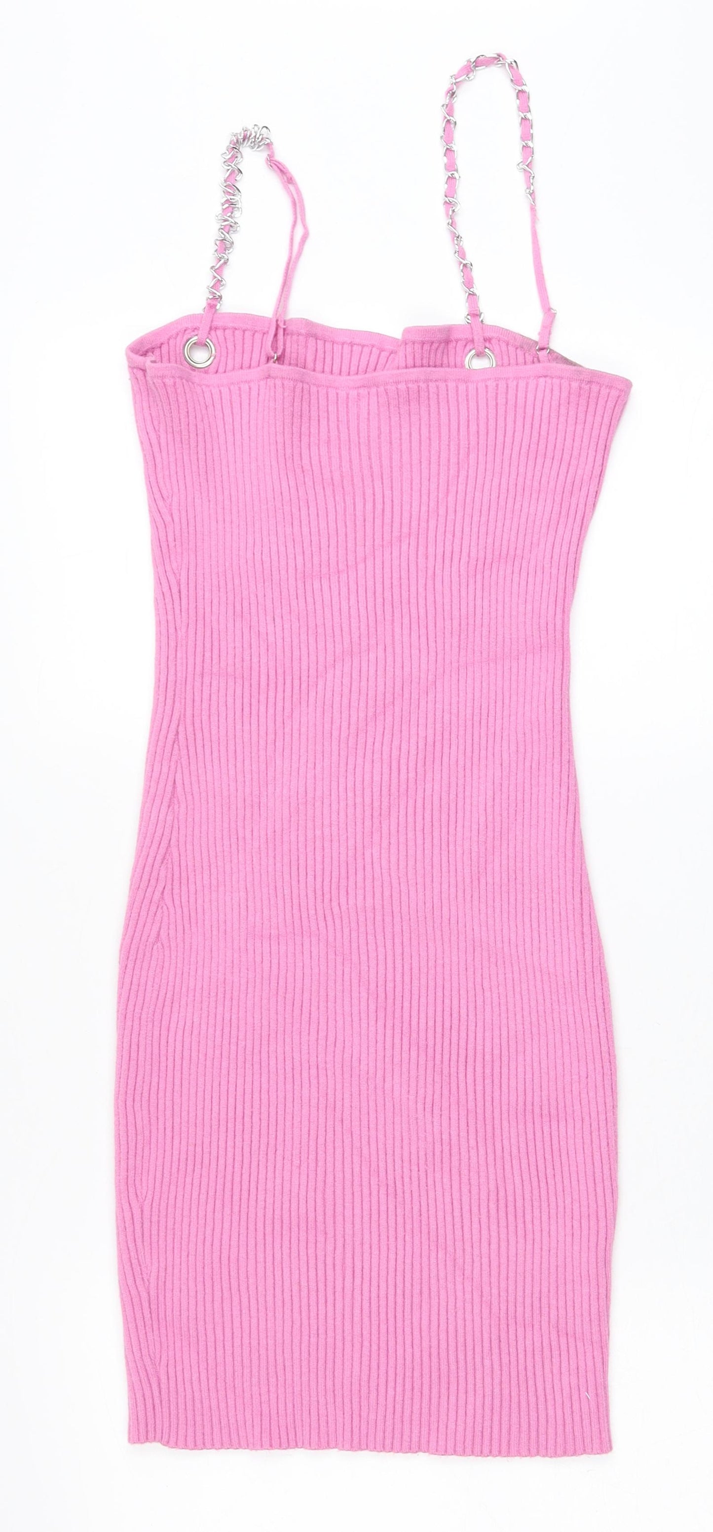 Preworn Womens Pink Viscose Bodycon Size L Square Neck Pullover - Chain Straps Ribbed