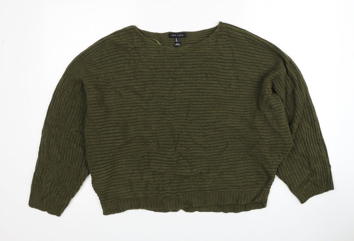 New Look Womens Green Boat Neck Acrylic Pullover Jumper Size L - Ribbed