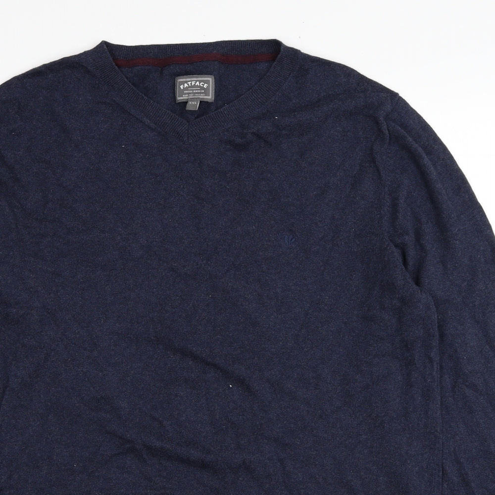 Fat Face Mens Blue V-Neck Cotton Pullover Jumper Size 2XL