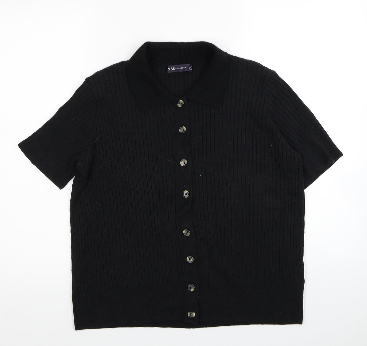 Marks and Spencer Womens Black Collared Acrylic Cardigan Jumper Size L - Ribbed