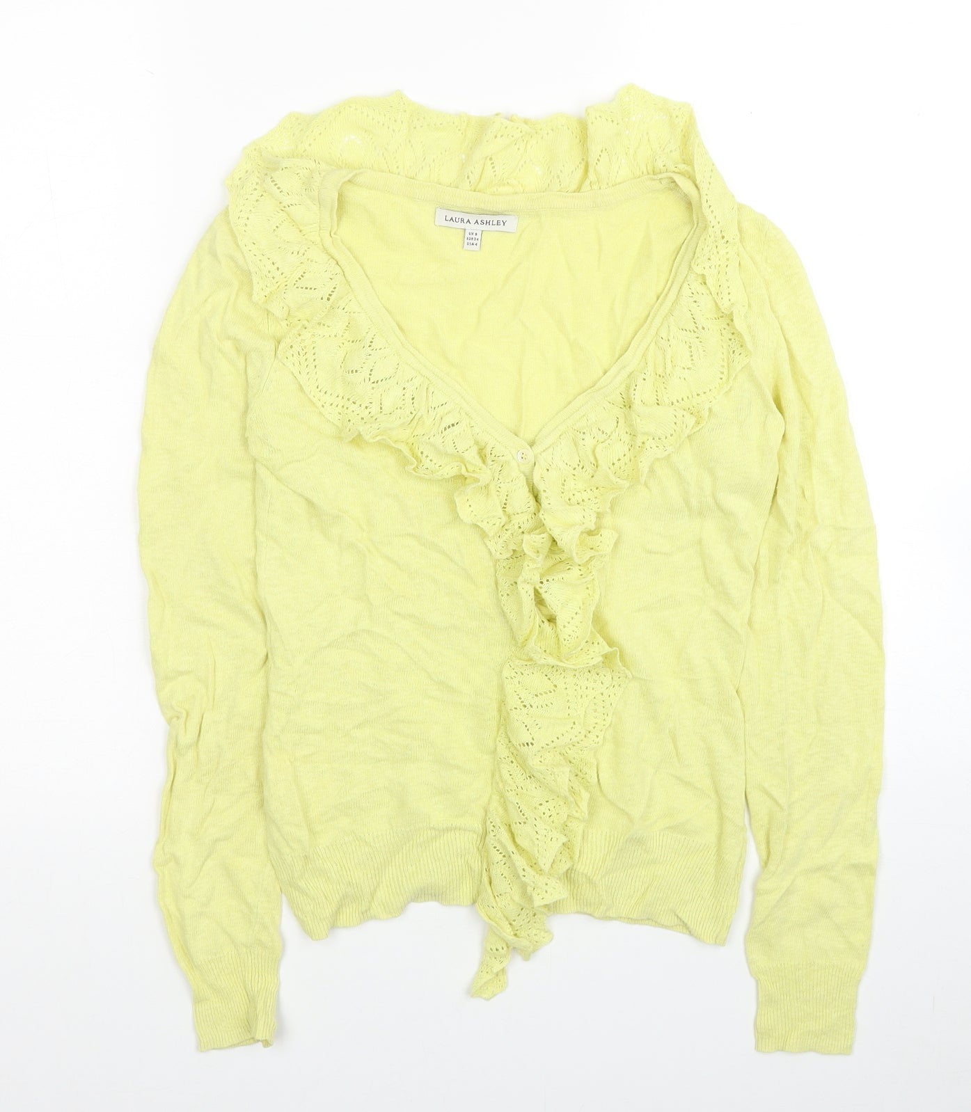 Laura Ashley Womens Yellow V-Neck Linen Pullover Jumper Size 8