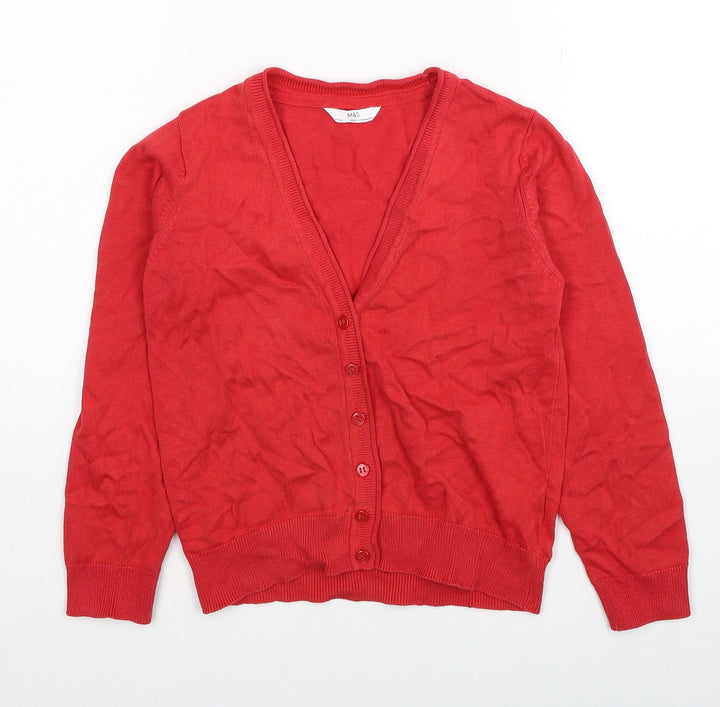 Marks and Spencer Boys Red V-Neck Cotton Cardigan Jumper Size 8-9 Years Button
