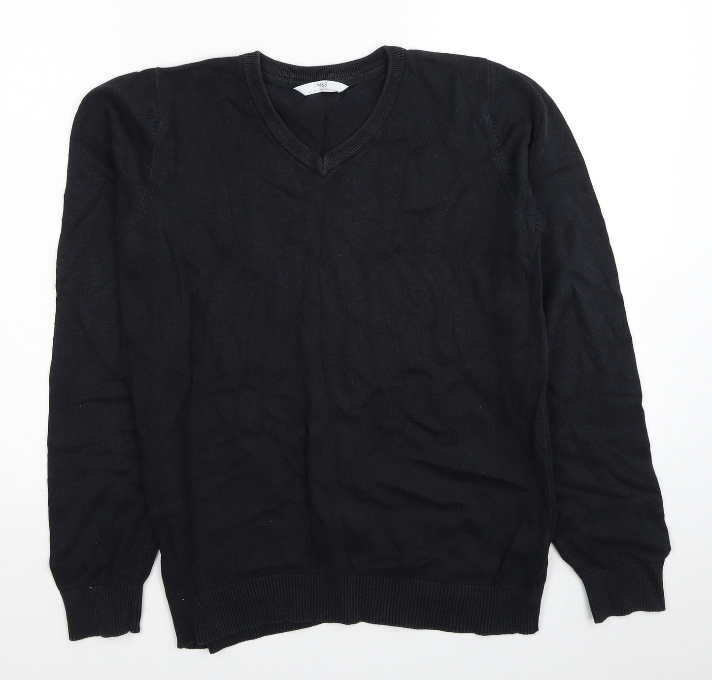 Marks and Spencer Boys Black V-Neck Cotton Pullover Jumper Size 14-15 Years Pullover