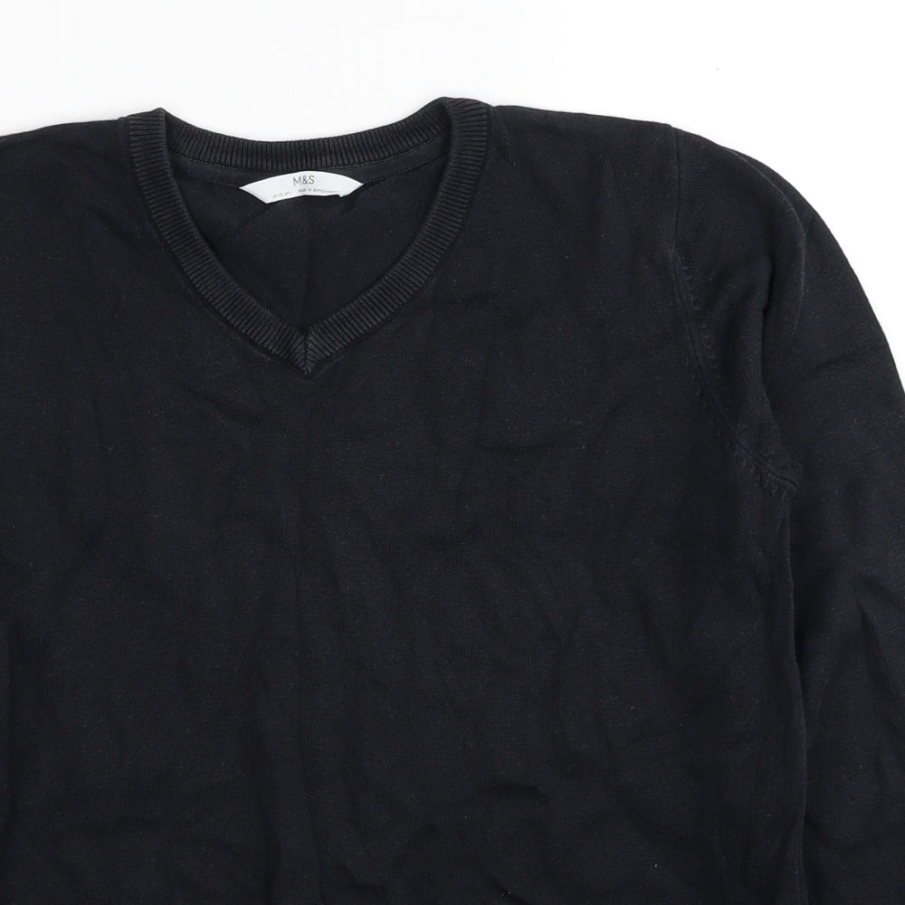 Marks and Spencer Boys Black V-Neck Cotton Pullover Jumper Size 14-15 Years Pullover