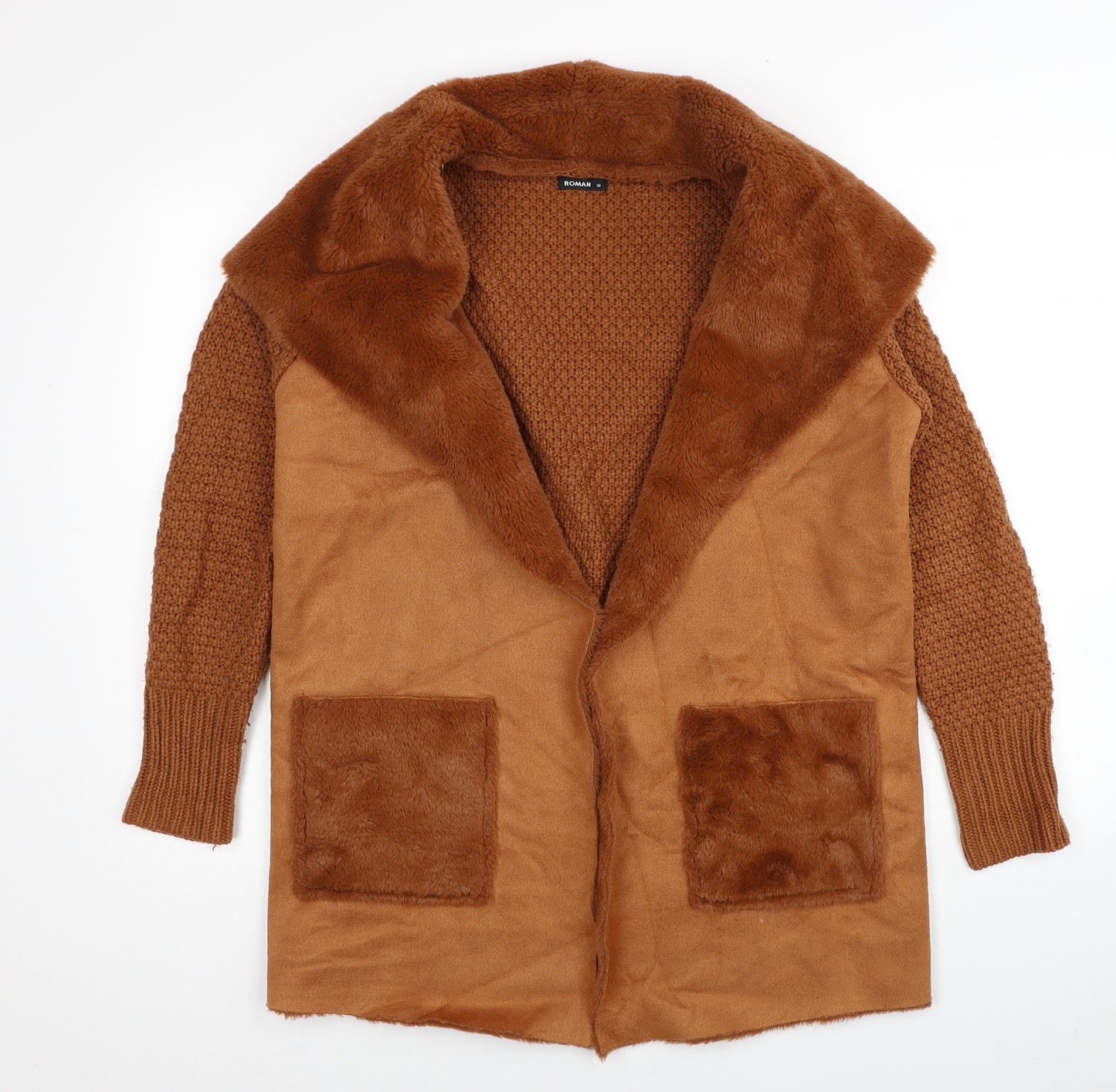 Roman Womens Brown Collared Acrylic Cardigan Jumper Size 10 - Coatigan