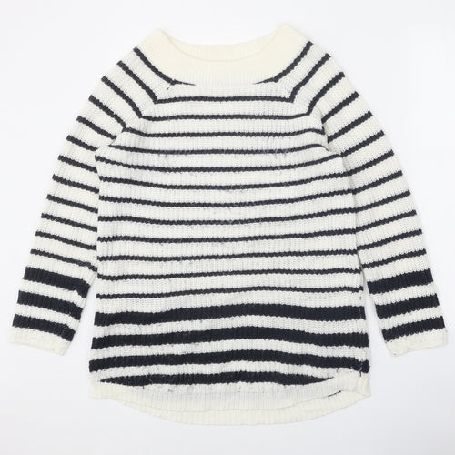 TU Womens White Boat Neck Striped Acrylic Pullover Jumper Size 14