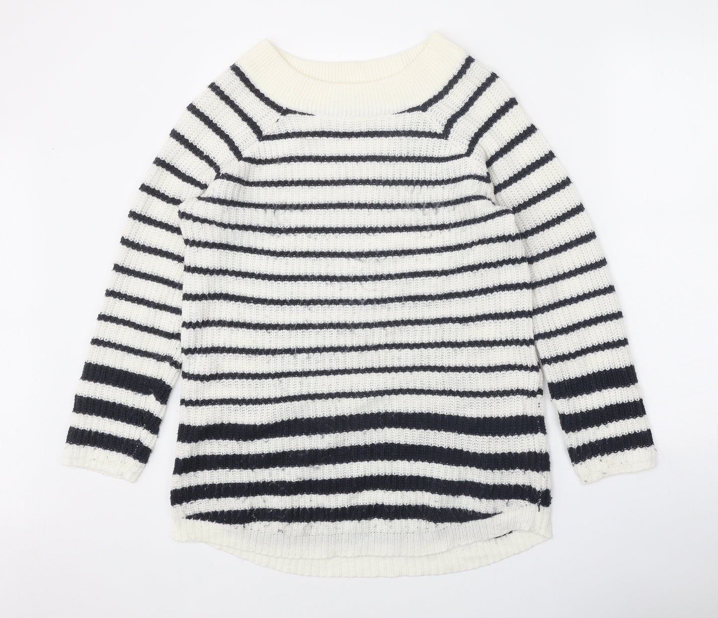TU Womens White Boat Neck Striped Acrylic Pullover Jumper Size 14