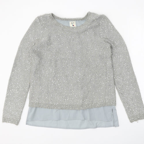 Yumi Womens Grey Scoop Neck Polyester Pullover Jumper Size S - Chiffon Hem