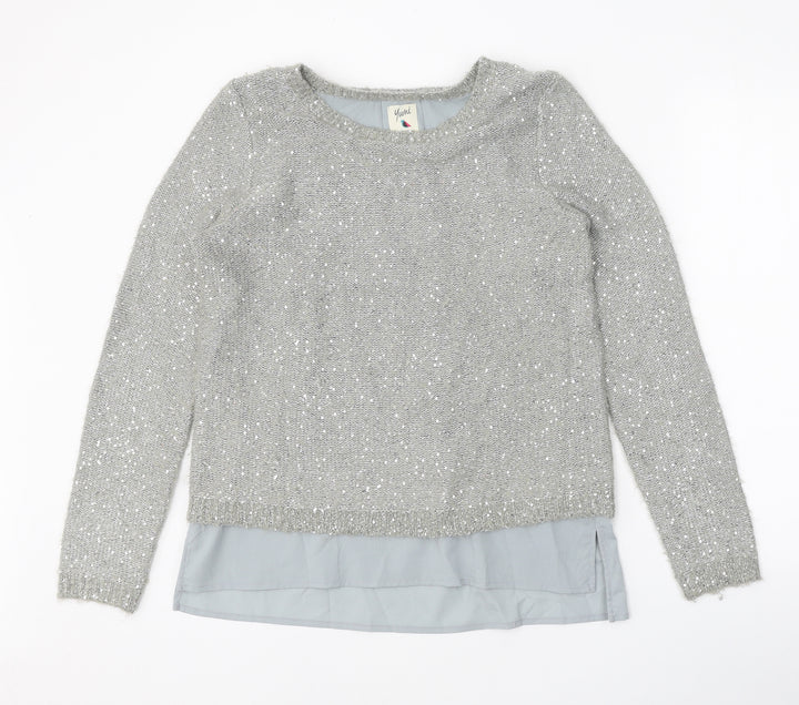 Yumi Womens Grey Scoop Neck Polyester Pullover Jumper Size S - Chiffon Hem
