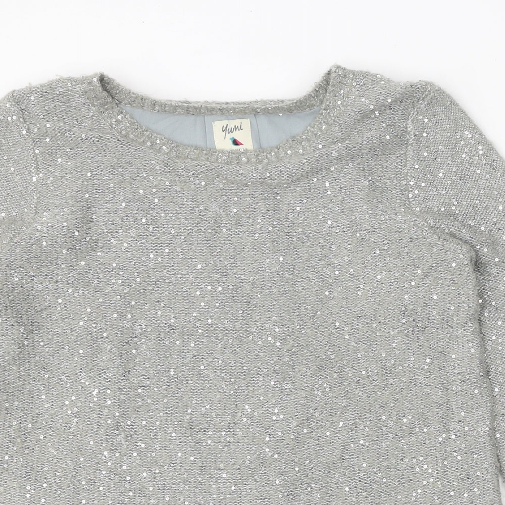 Yumi Womens Grey Scoop Neck Polyester Pullover Jumper Size S - Chiffon Hem