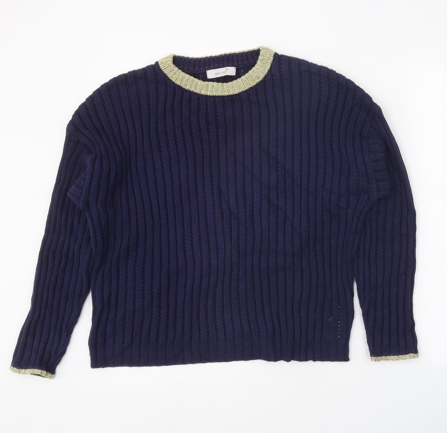 Per Una Womens Blue Round Neck Cotton Pullover Jumper Size 12