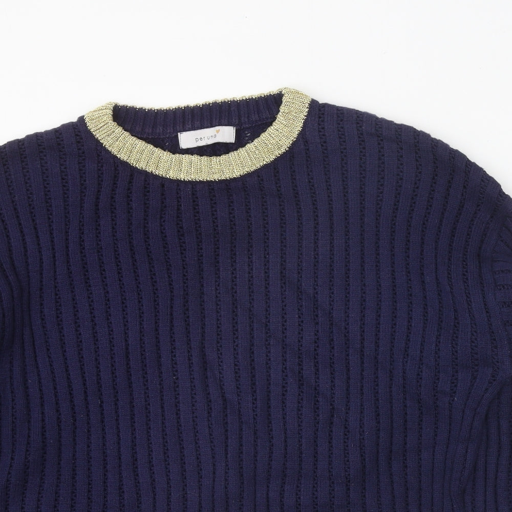 Per Una Womens Blue Round Neck Cotton Pullover Jumper Size 12