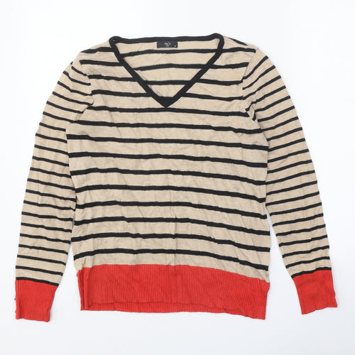 M&Co Womens Beige V-Neck Striped Viscose Pullover Jumper Size 12