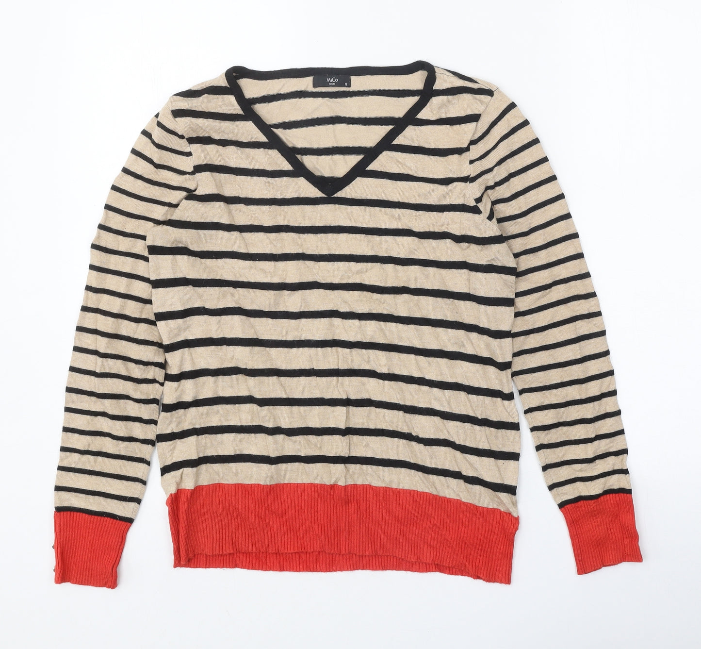 M&Co Womens Beige V-Neck Striped Viscose Pullover Jumper Size 12