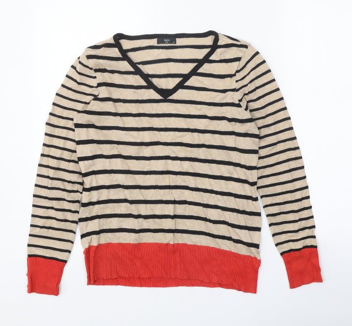 M&Co Womens Beige V-Neck Striped Viscose Pullover Jumper Size 12