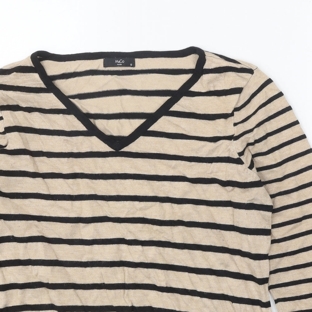 M&Co Womens Beige V-Neck Striped Viscose Pullover Jumper Size 12