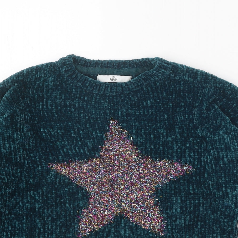 Marks and Spencer Girls Green Round Neck Polyester Pullover Jumper Size 11-12 Years Pullover - Star Pattern