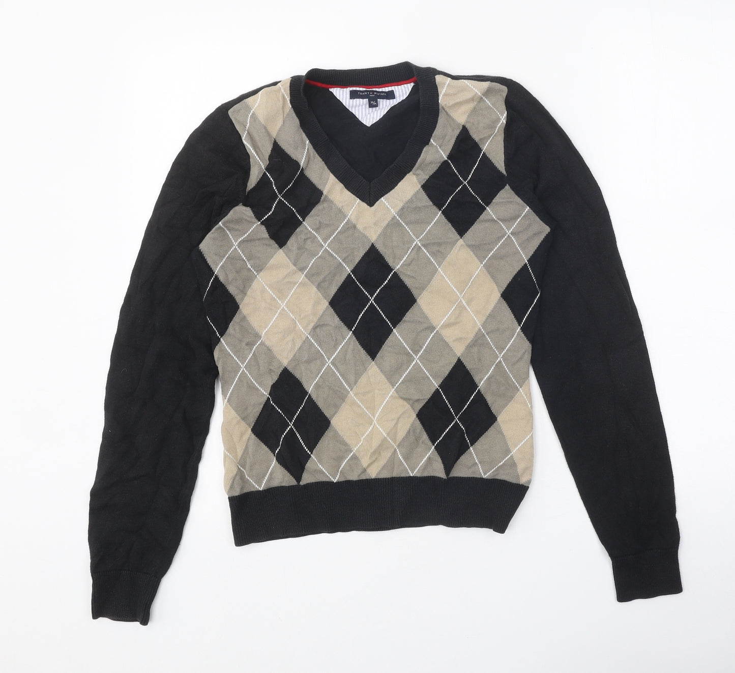 Tommy Hilfiger Mens Beige V-Neck Argyle/Diamond Cotton Pullover Jumper Size M