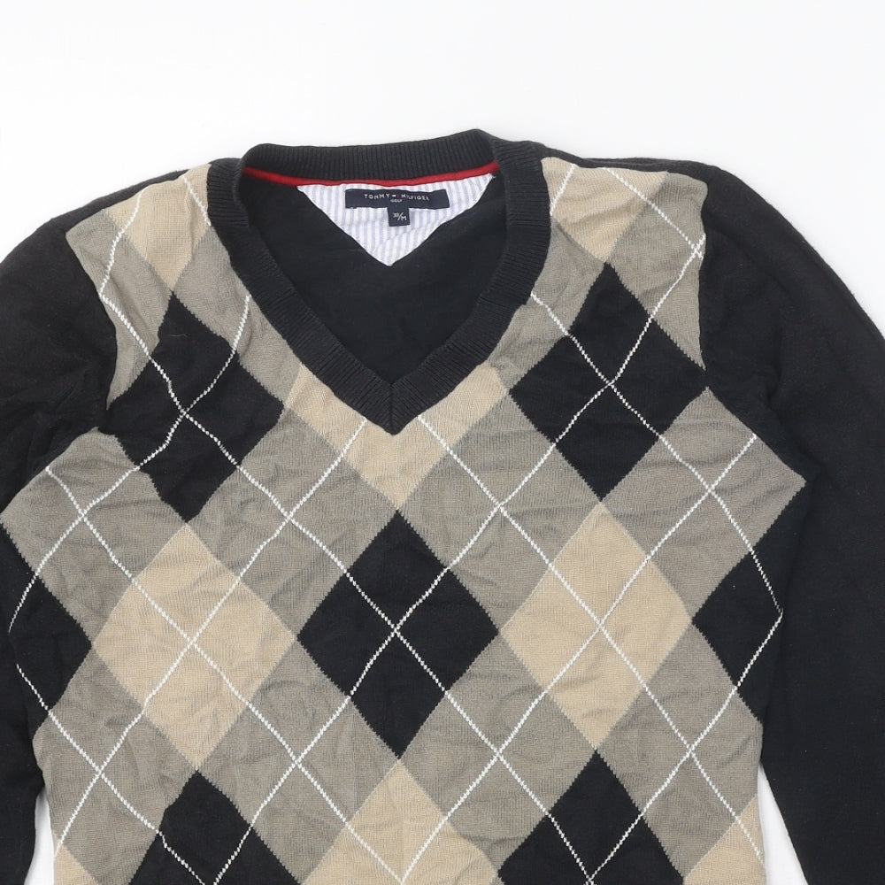 Tommy Hilfiger Mens Beige V-Neck Argyle/Diamond Cotton Pullover Jumper Size M