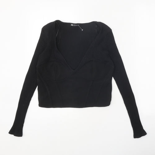 Zara Womens Black Polyester Basic Tank Size M V-Neck
