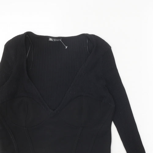Zara Womens Black Polyester Basic Tank Size M V-Neck