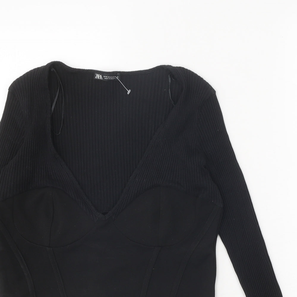 Zara Womens Black Polyester Basic Tank Size M V-Neck