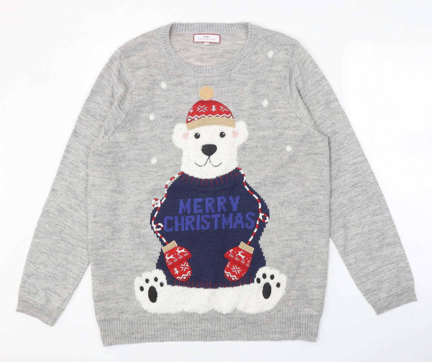 NEXT Womens Grey Scoop Neck Acrylic Pullover Jumper Size 16 - Christmas Polar Bear